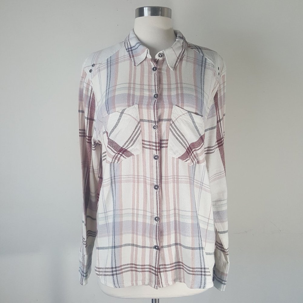 Free People Brown White Button Down Dress Shirt M